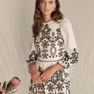 SAYLOR Ivory Long Sleeve Dress with Black Floral Embroidery